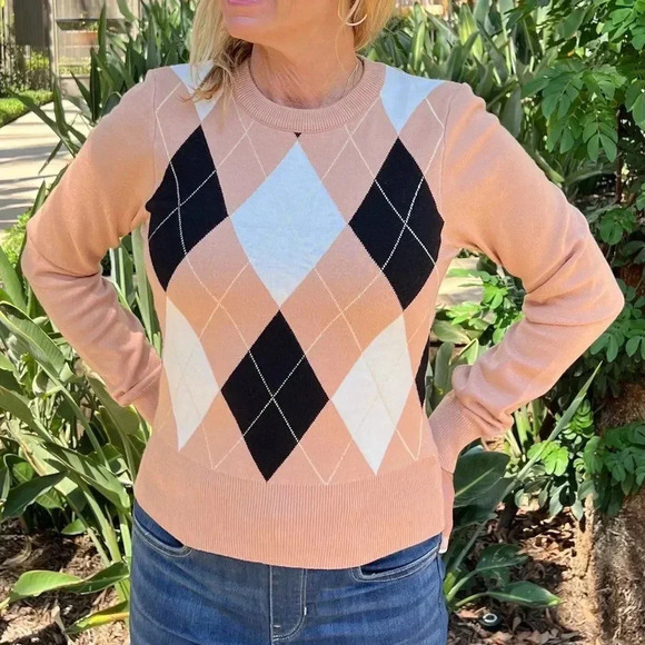 Argyle Pattern Crewneck Sweater Long Sleeve Khaki Brown Multicolor Long Sleeve - Picture 2 of 6